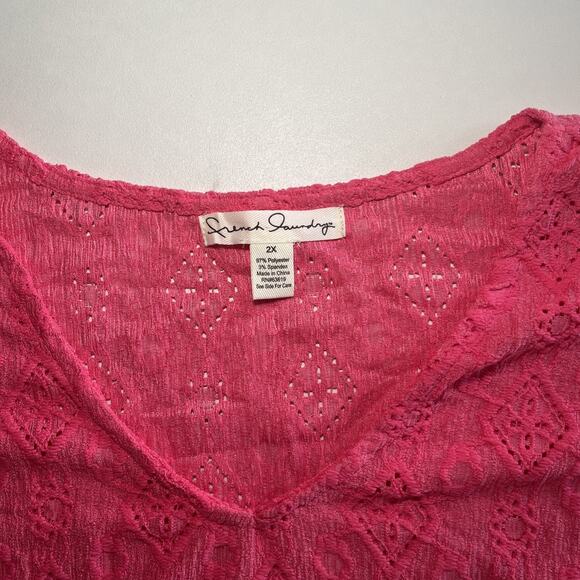 French Laundry Plus Size 2X Pink V Neck Short Ruffle Sleeve Blouse Embroidered - Picture 2 of 11